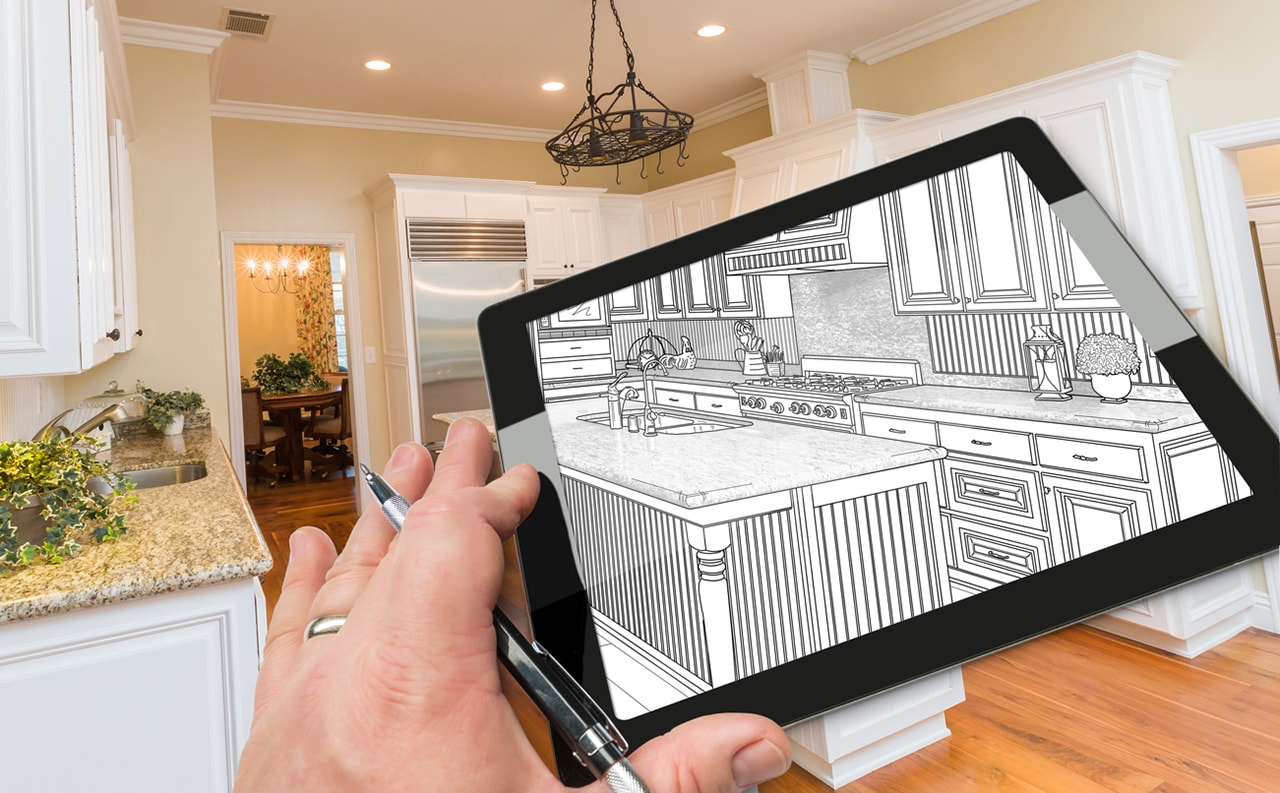 Kitchen renovation planning with tablet